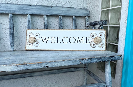 Oyster "Welcome" Sign - 24.5" x 6.5" - White with rope
